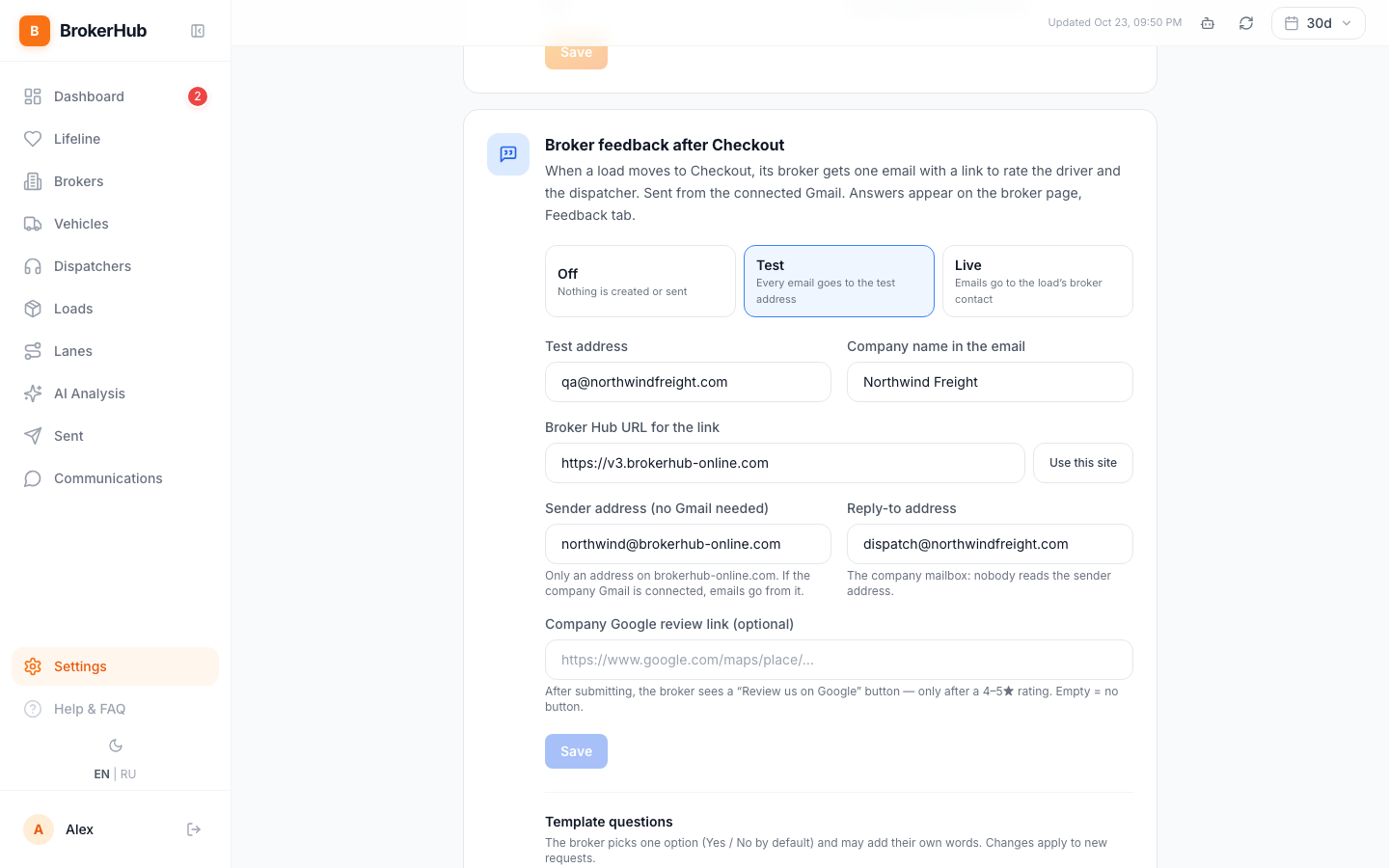 Broker feedback settings